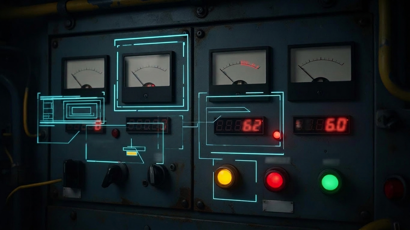Analog control panel with AI overlays detecting voltage, needle angles and warning light states